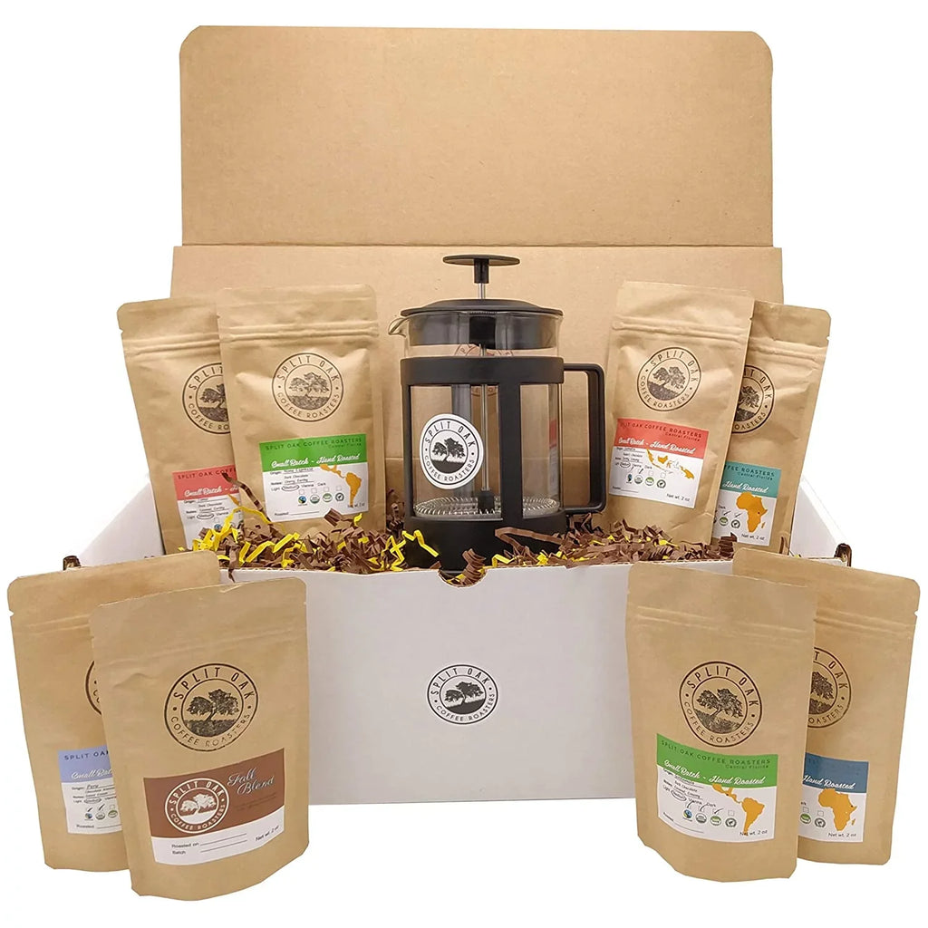 Best Coffee Gift Box Set 8 assorted coffees +1 French Press Glass Coffee Maker. Sumatra Timor Uganda Ethiopia Colombia Guatemala. All Amazing Coffee from all Over the World