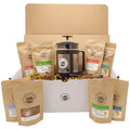 Best Coffee Gift Box Set 8 assorted coffees +1 French Press Glass Coffee Maker. Sumatra Timor Uganda Ethiopia Colombia Guatemala. All Amazing Coffee from all Over the World
