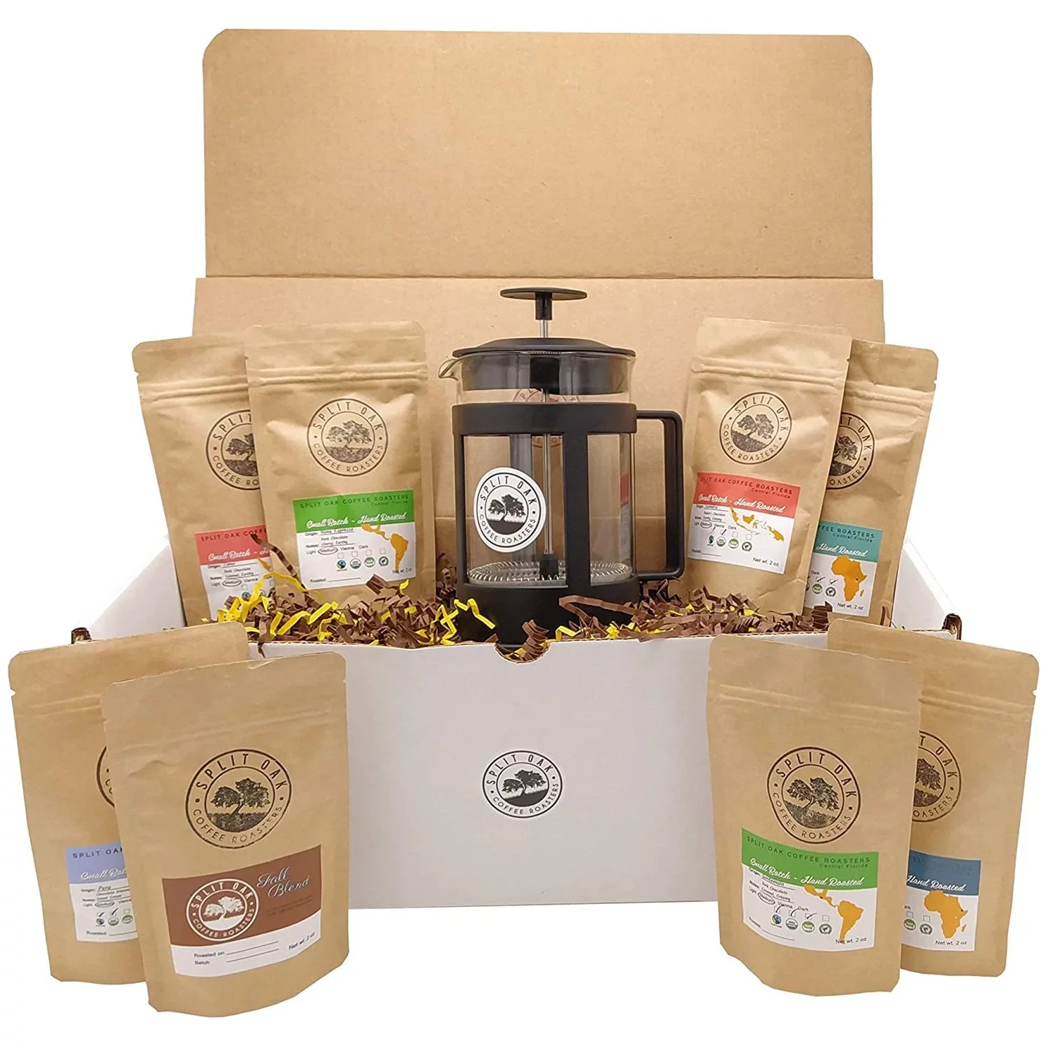 Best Coffee Gift Box Set 8 assorted coffees +1 French Press Glass Coffee Maker. Sumatra Timor Uganda Ethiopia Colombia Guatemala. All Amazing Coffee from all Over the World