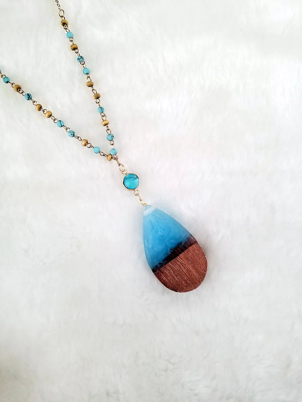 Blue Box Boutique Inc Aqua Resin Wood Pendant Beaded Chain Necklace for Women, Tenes | Wood Anniversary Gift