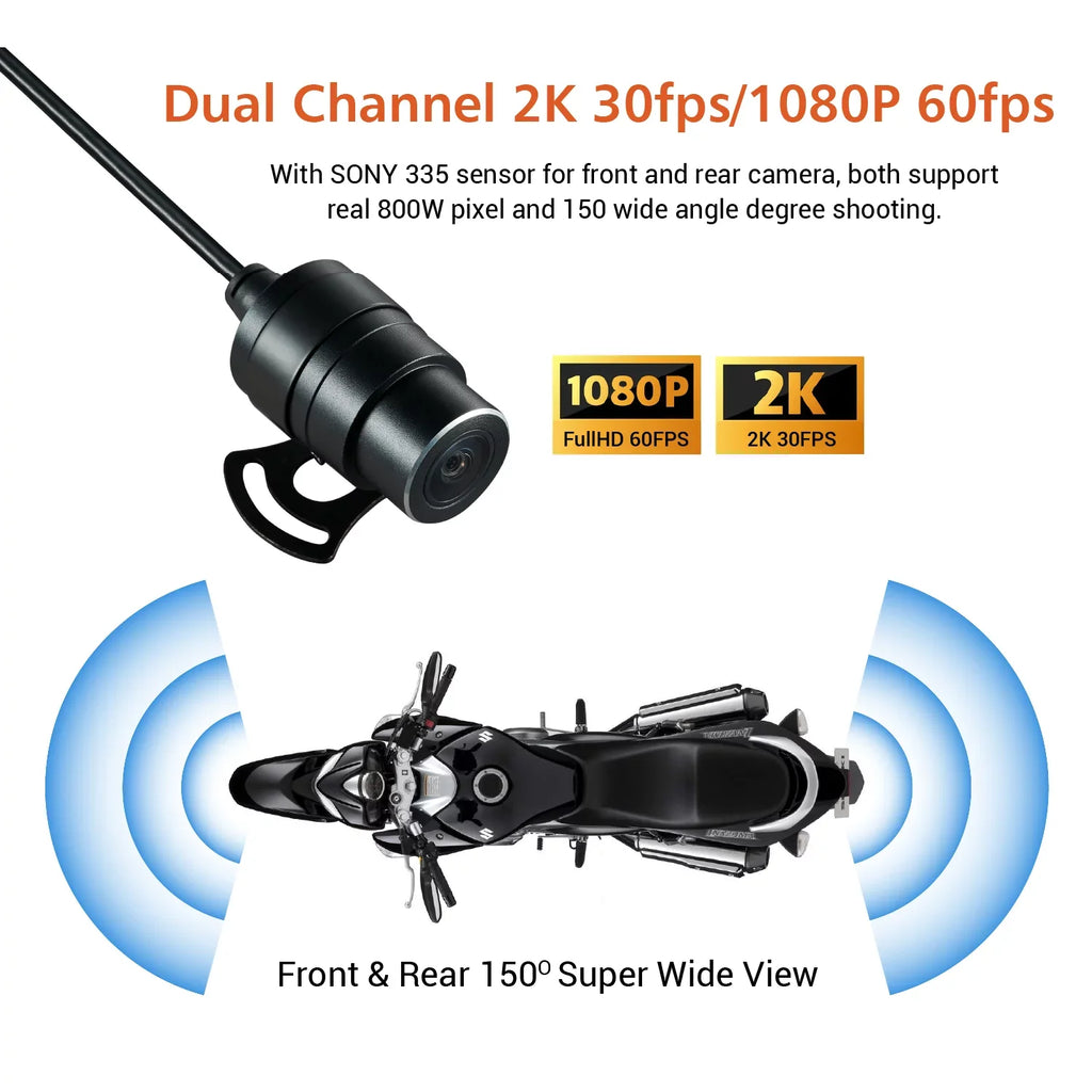 Dual 2K 30fps/1080P 60fps Motorcycle Camera, All Waterproof Dash Cam 3''  Front and Rear 150° Wide Angle with Wired Remote, Wi-Fi, ,  and Race Mode, Max up to 256GB