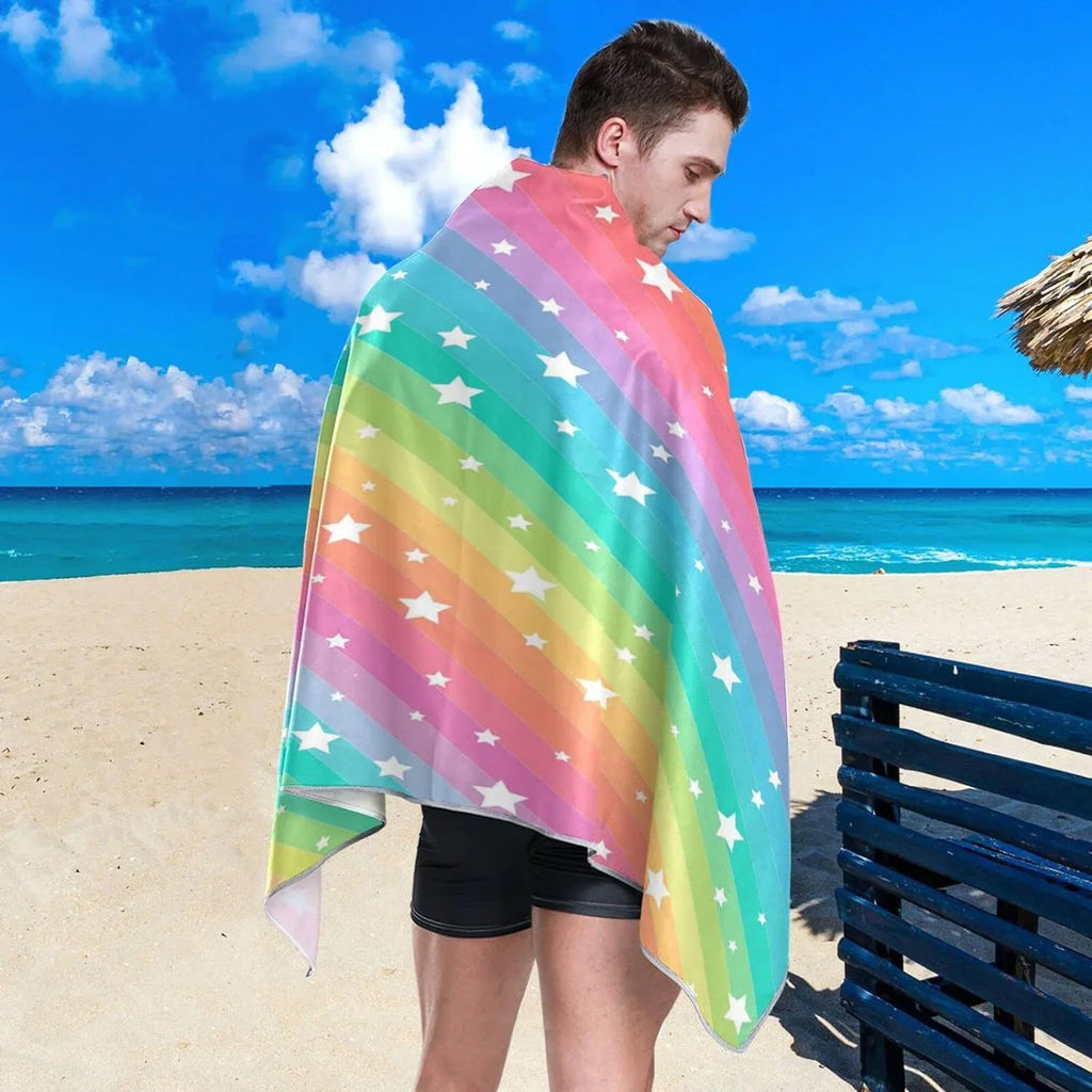 Bestwell Rainbow Star Beach Towel Oversized Towel Blanket, Thin Lightweight Microfiber Sand Free Quick Dry Towel, 30”” Multipurpose Pool Bath Yoga Swim Shower Towel