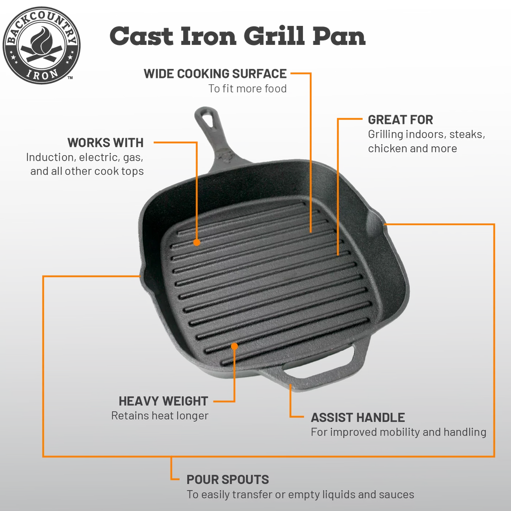 Backcountry Iron 8 Inch Square Grill Pan Medium Pre-Seasoned Cast Iron