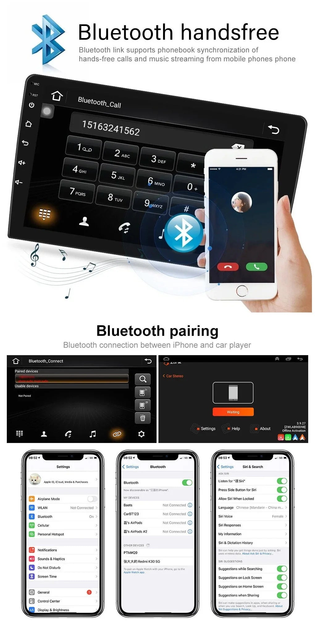 Android 2+32GB Car Stereo Wireless Carplay Android Auto Double Din Radio 10.1" 1280*720  Screen WiFi  Navigation Bluetooth  / Receiver  Backup Camera