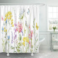 Watercolor Wildflowers Tansy Yellow Buttercup Blue Pansies Tender Pink Shower Curtain 60x72 inch