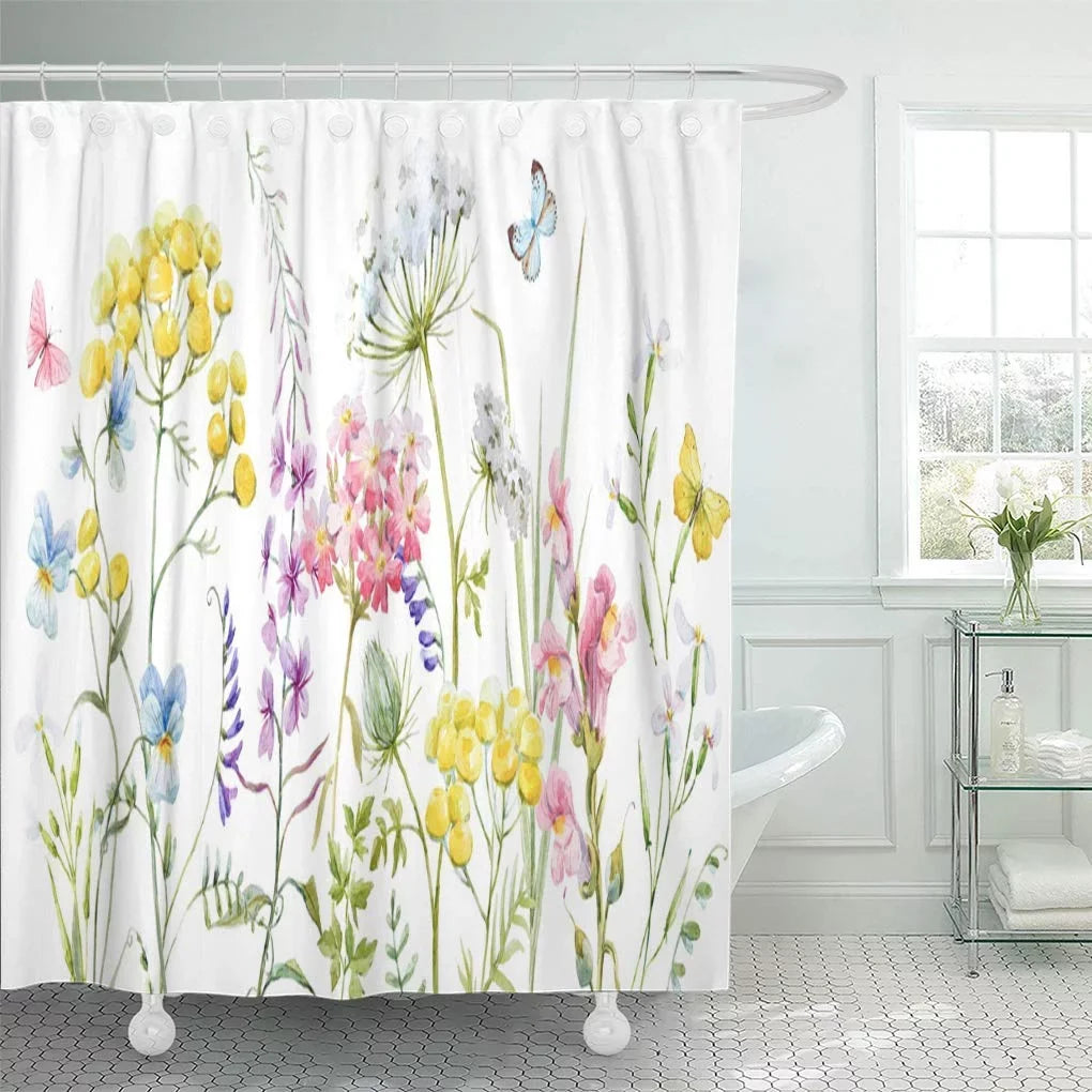 Watercolor Wildflowers Tansy Yellow Buttercup Blue Pansies Tender Pink Shower Curtain 60x72 inch