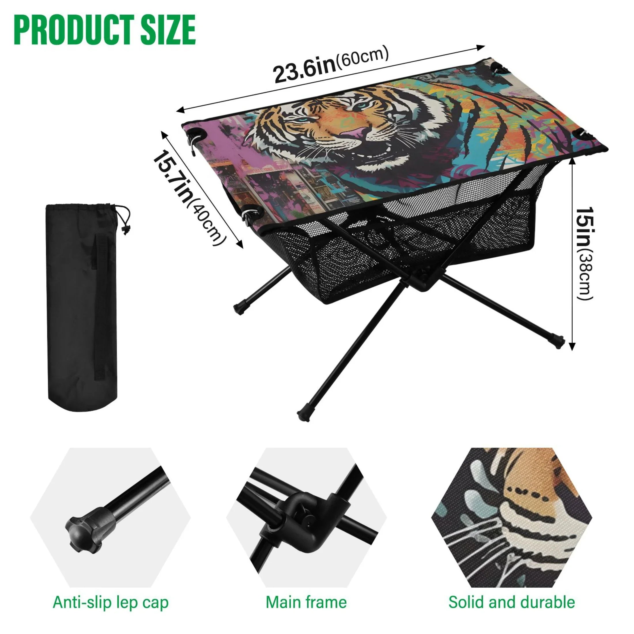 Tiger Abstract Camping Foldable Portable Table Beach Table with Storage Bag Compact Picnic Table for Outdoor Hiking Fishing