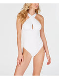Women's White Stretch Removable Cups Lined Ruched Convertible Full Coverage High Neck One Piece Swimsuit 6