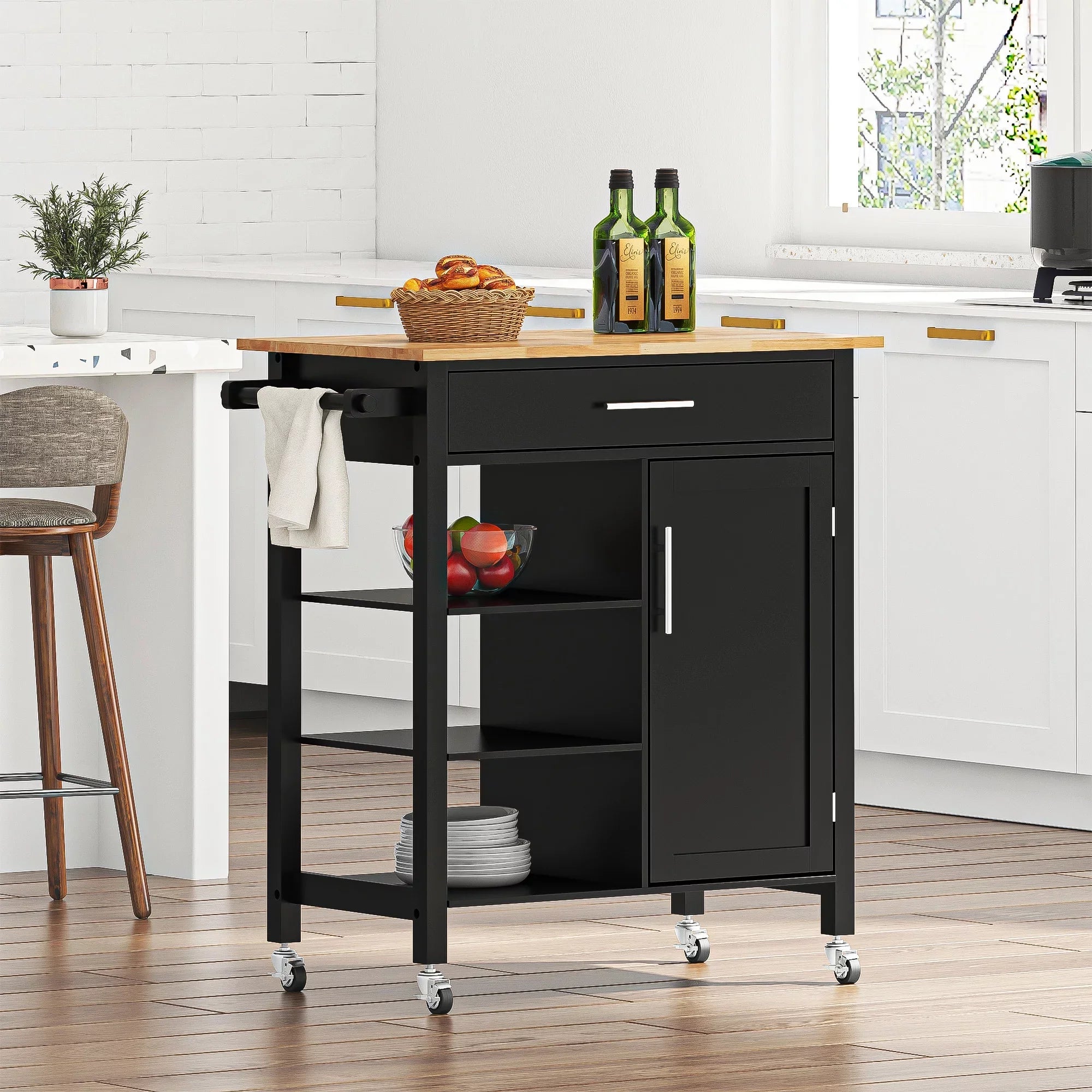 SogesPower 36"Height Multi-Purpose Kitchen Island with Hidden Cabinet- Black