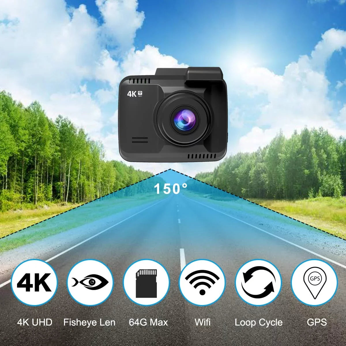 Iseebiz Dash Cam Built-in WiFi , 2160P 24FPS Driving Recorder Car Dashboard Cam, App View, Novatek Chip, , -Sensor, Motion Detect, 150° Wide Angle, Loop Record, Parking Mode