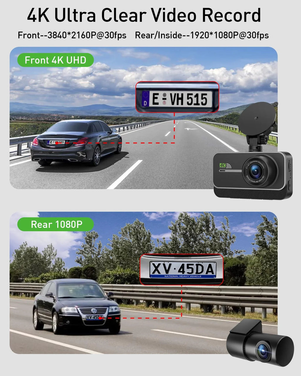 Advanced 4K+1080P WiFi dual dash cam, car front and rear dash cam, 3-inch  dual dash cam, night vision, 24 hours parking mode, loop recording, 170° wide angle, 64GB  card included