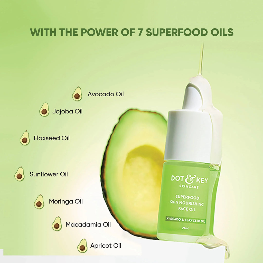 Dot & Key Superfood Skin Nourishing Face Oil | Avocado Oil, Jojoba Oil, Flaxseed Oil, Sunflower Oil, Moringa Seed Oil, Macadamia Seed Oil, Apricot Oil | Vegan Face Oil For Very Dry