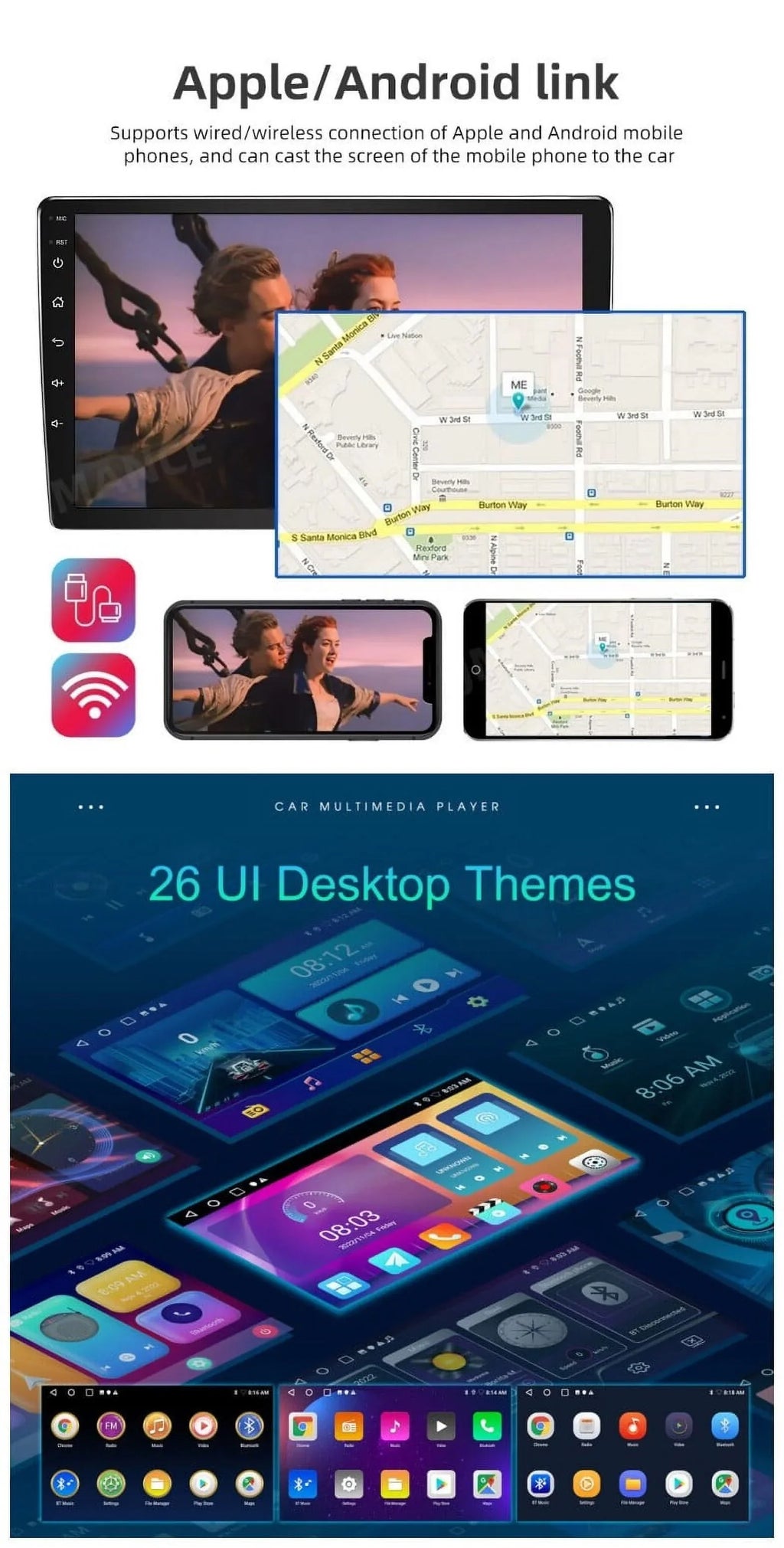 Android 2+32GB Car Stereo Wireless Carplay Android Auto Double Din Radio 10.1" 1280*720  Screen WiFi  Navigation Bluetooth  / Receiver  Backup Camera