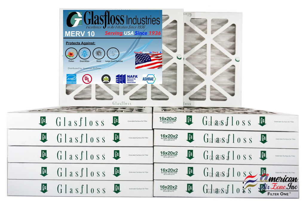 Glasfloss Air Filter 16x20x2 - 2"  10 - (Pack of 12) - Pleated  or  Air Filter - Furnace Air Filter - Home or Office - Made In The .
