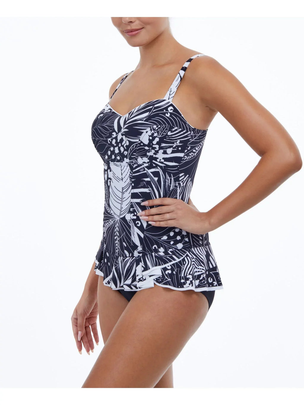 by  Women's Black Tropical Print Stretch Tummy Control Ruffled Fixed Cups Sweetheart Neck Adjustable Marbella Swimdress 8