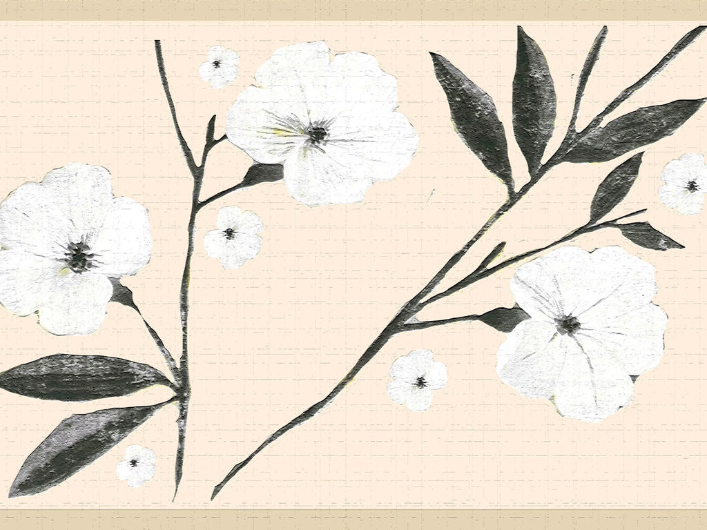 Dundee Deco's Peel and Stick Wallpaper Border - Floral White Cream Flowers and Leaves Wall Border Retro Design, 15 ft x 7 in, Self Adhesive