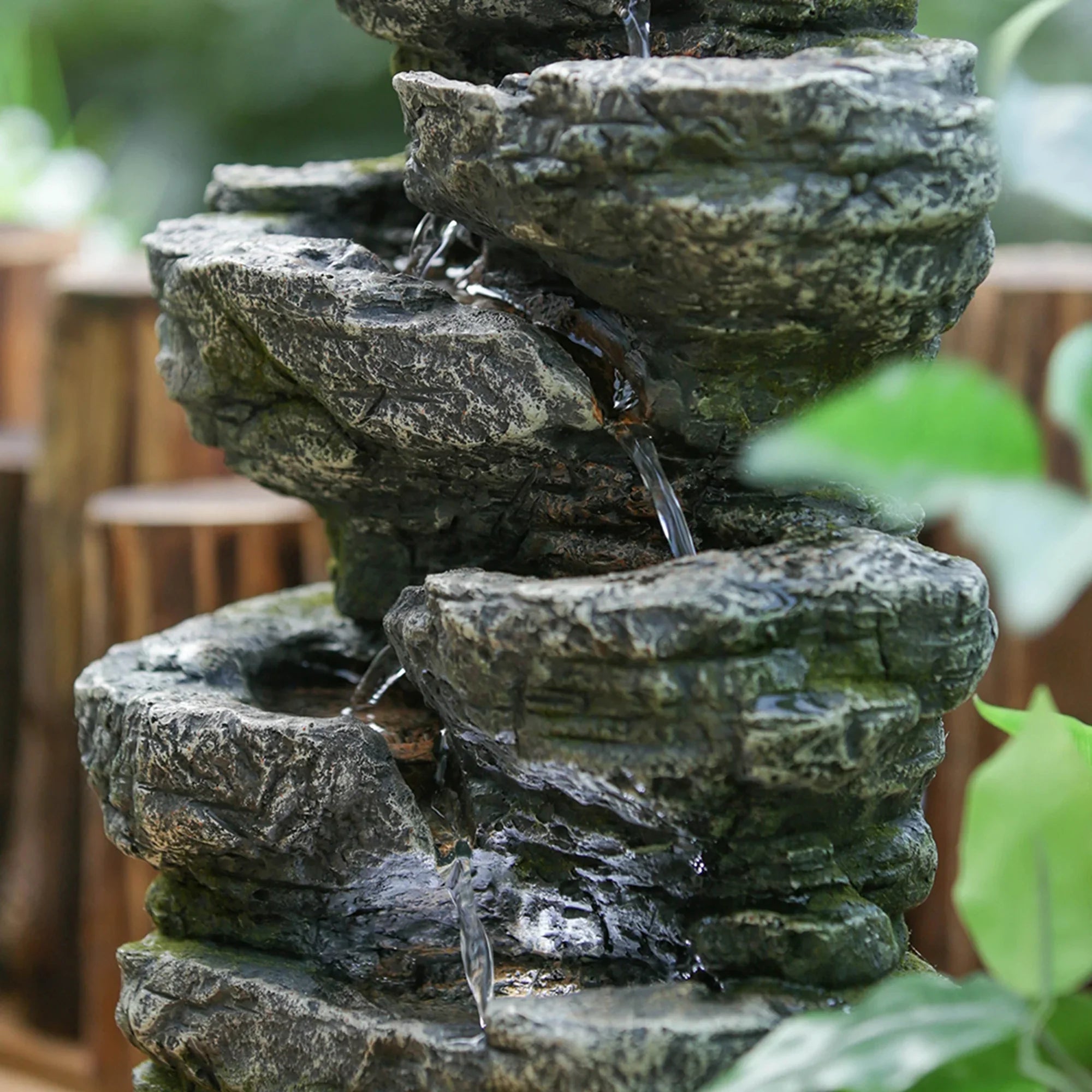 9x5x14" Indoor Gray Stone-Look Water Fountain, 7-tier Polyresin Cascading Rock Tabletop Fountain with  Light