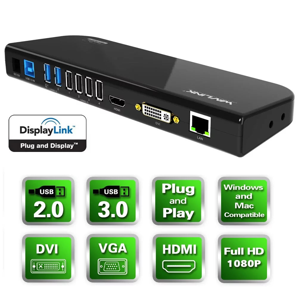 Wavlink  3.0 Universal Docking Station, Dual Video Monitor Display  &  &  with Gigabit Ethernet, Audio, 6  Ports for Laptop, Ultrabook and PCs