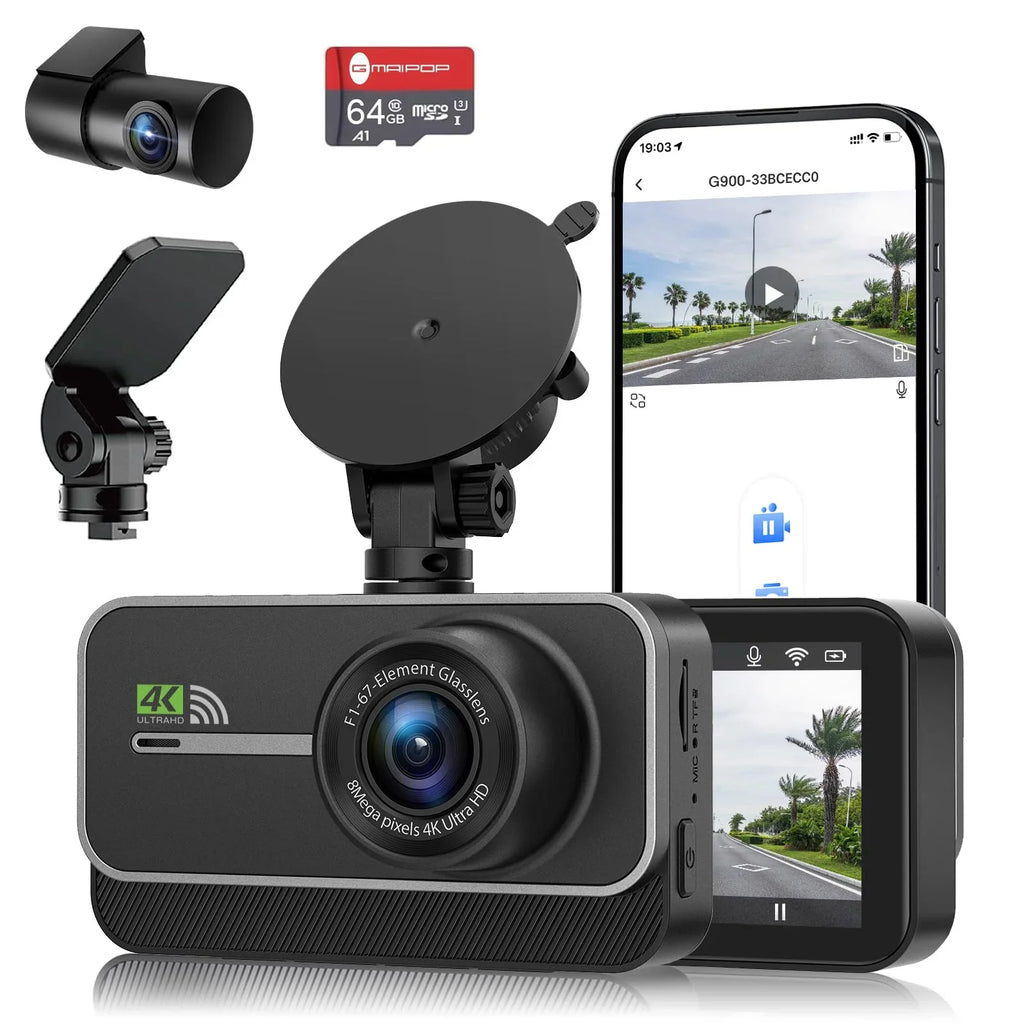 Advanced 4K+1080P WiFi dual dash cam, car front and rear dash cam, 3-inch  dual dash cam, night vision, 24 hours parking mode, loop recording, 170° wide angle, 64GB  card included