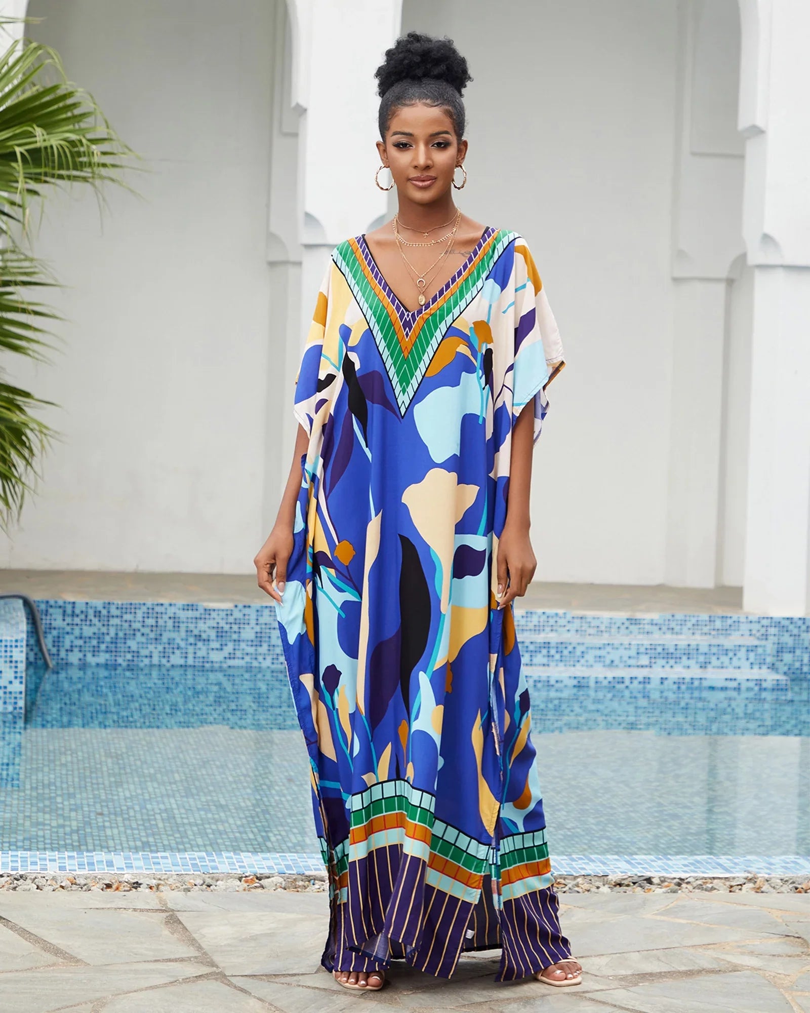 Edolynsa Bohemian Kaftan Dresses Plus Size Swimwear Bikini Cover Up Casual Beachwear Long Tops