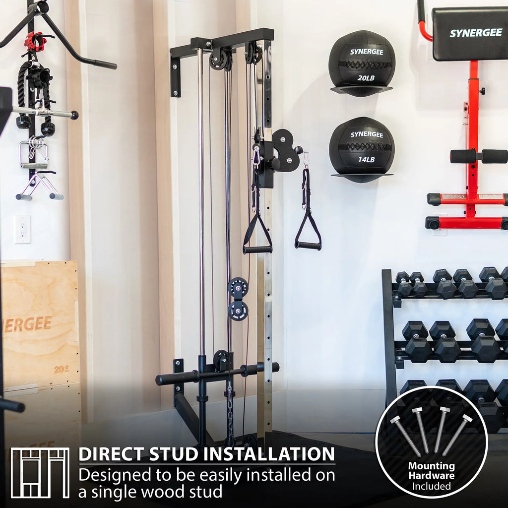 Synergee Wall Mounted Adjustable Dual Pulley Machine. Home Cable Attachment Station for Pulley System. For 1” and 2” Opening Weight Plates. Includes 2 Nylon Handles and Universal Attachment Points.