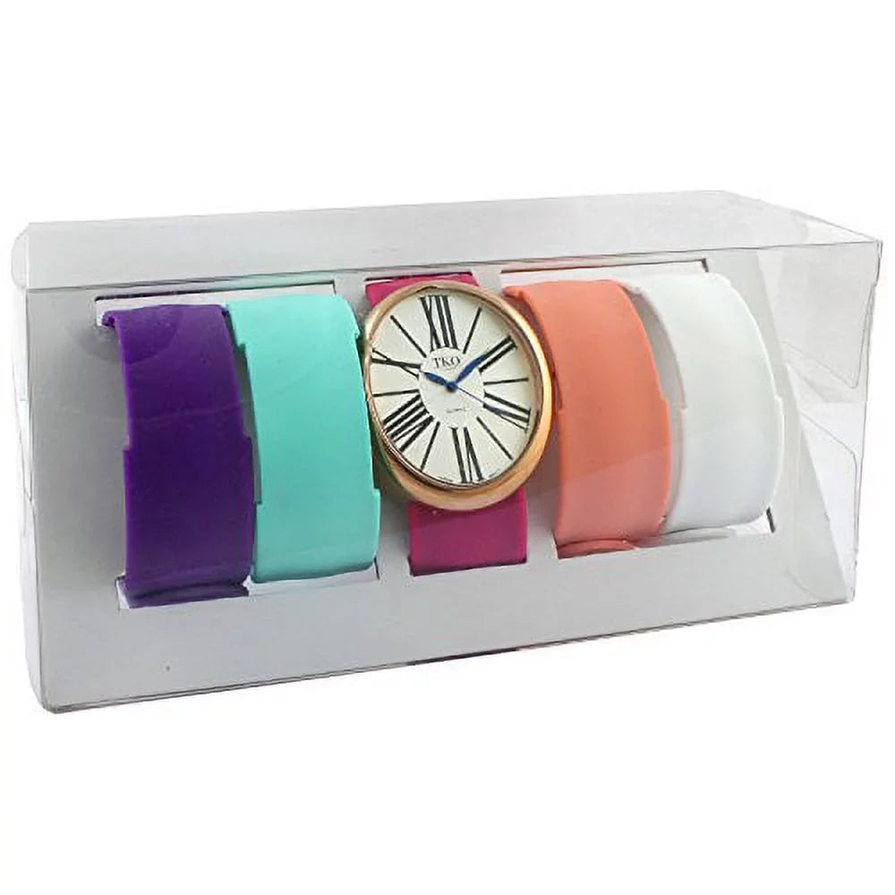 Interchangeable 5 Band Slap Watch Gift Set Rose Gold Large Roman Numeral Dial