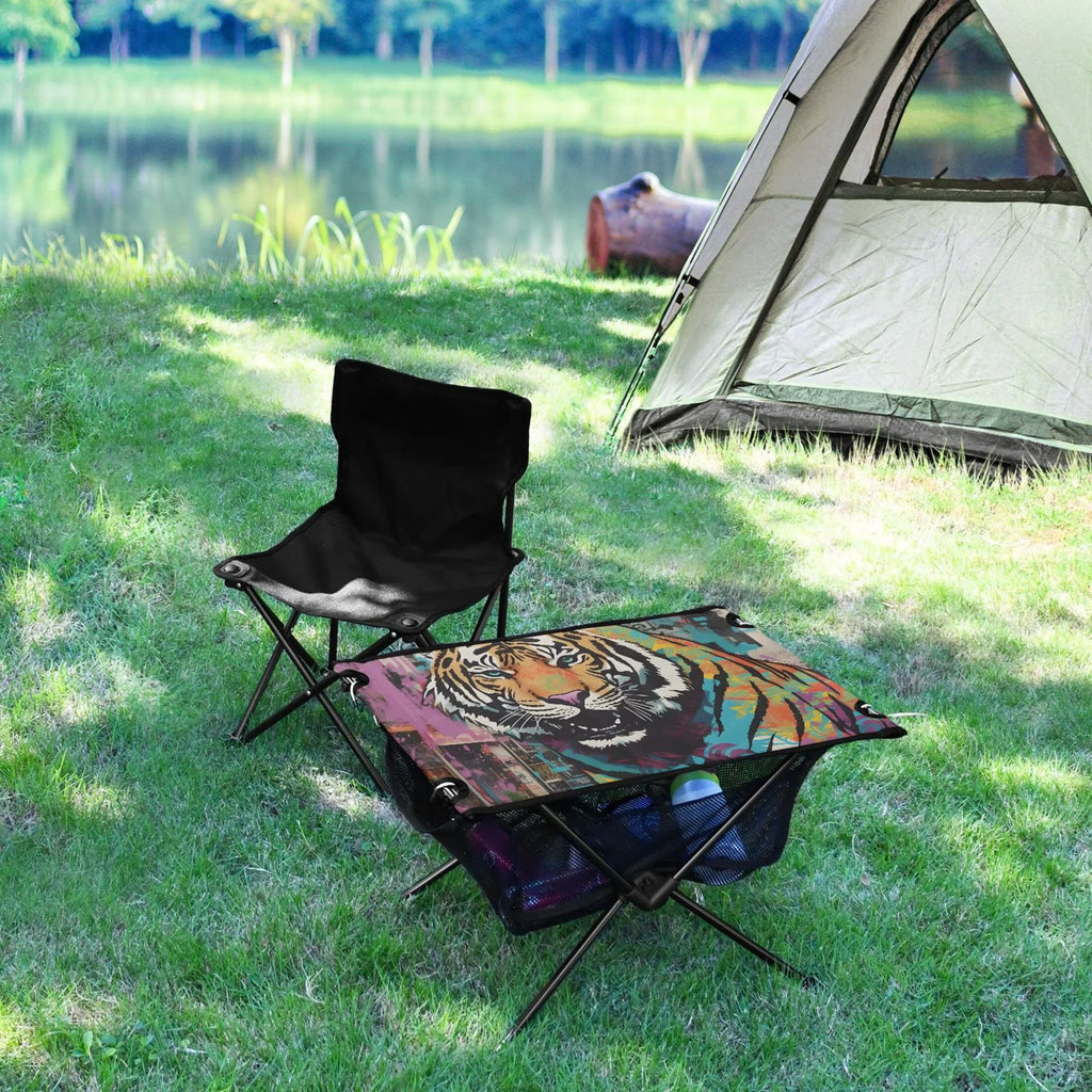 Tiger Abstract Camping Foldable Portable Table Beach Table with Storage Bag Compact Picnic Table for Outdoor Hiking Fishing