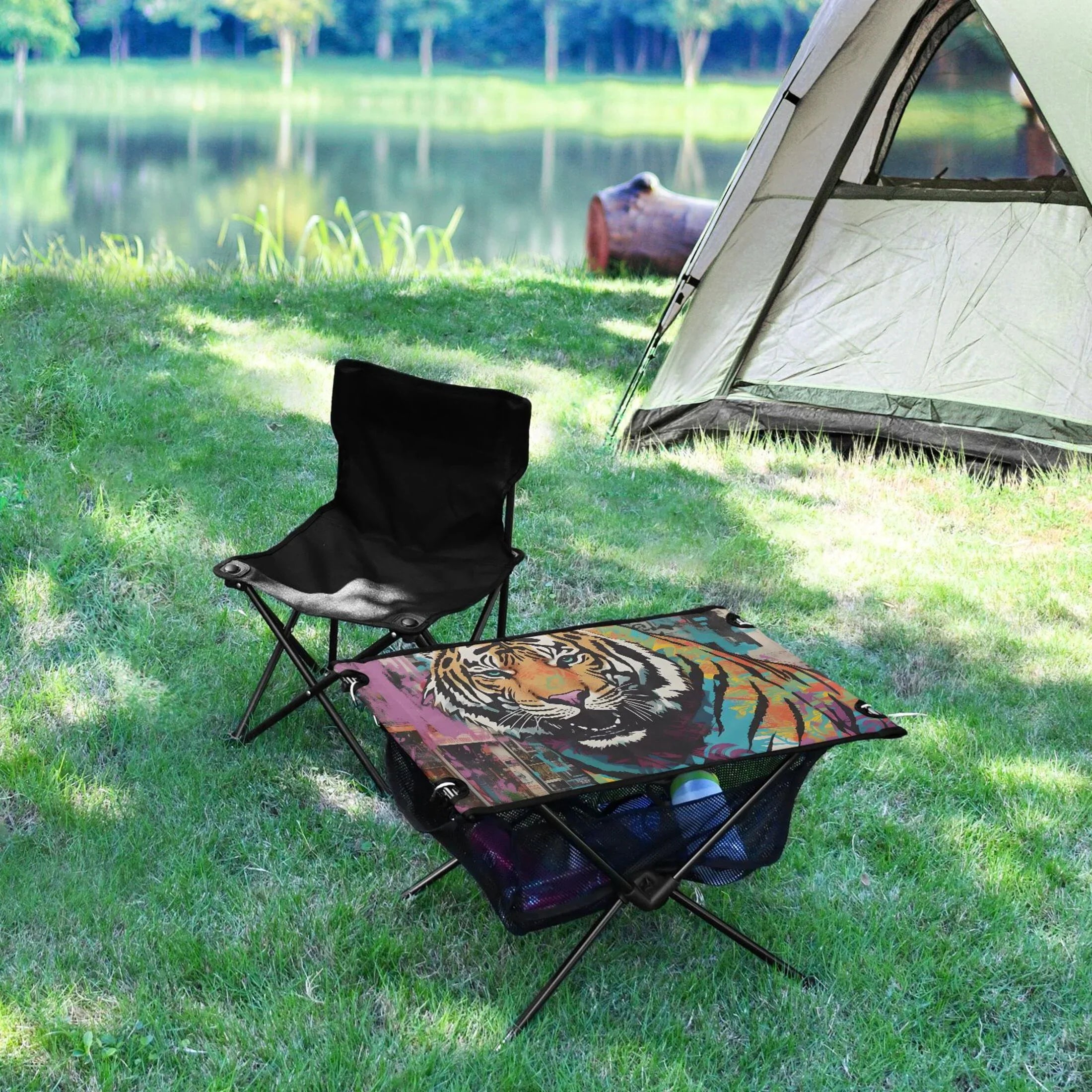 Tiger Abstract Camping Foldable Portable Table Beach Table with Storage Bag Compact Picnic Table for Outdoor Hiking Fishing