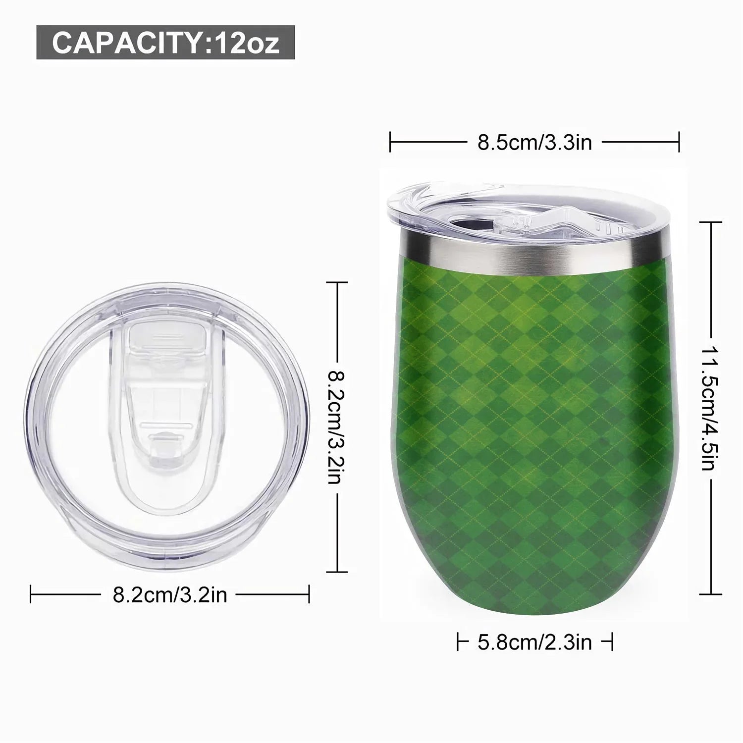 Hidove 12oz 304 Stainless Steel Vacuum Insulated Cups, Green Argyle Textured Background Eggshell Cup  Shape Tumbler Cups with Lid, Double Layer Insulation Wine Cup Big Belly Cup
