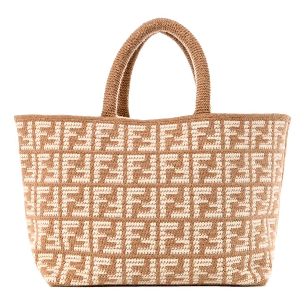 Fendi  Cammello Beige Knitted Cashmere Large Shopper Tote Bag