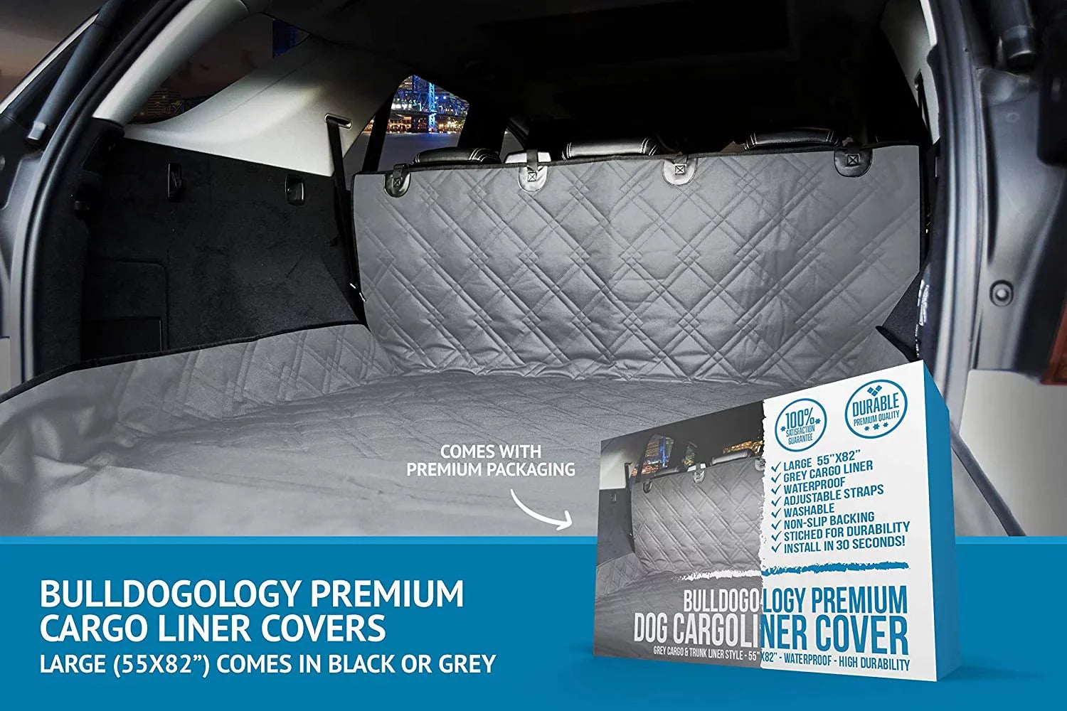 Bulldogology  Cargo Liner for Dogs - Heavy Duty Pet Trunk Cargo Cover - Dog Car Seat Cover Waterproof Nonslip - Dog Hair, Muddy Paws, Scratches Cover Protector for Cars Vans SUVs (-Large, Grey)