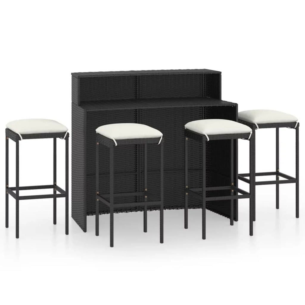 Anself 5 Piece Garden Bar Set Table with Storage Shelf and 4 Cushioned Stool Chairs Outdoor Dining Set Black Poly Rattan for Bistro, Pub, Backyard, Terrace, Patio