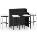 Anself 5 Piece Garden Bar Set Table with Storage Shelf and 4 Cushioned Stool Chairs Outdoor Dining Set Black Poly Rattan for Bistro, Pub, Backyard, Terrace, Patio