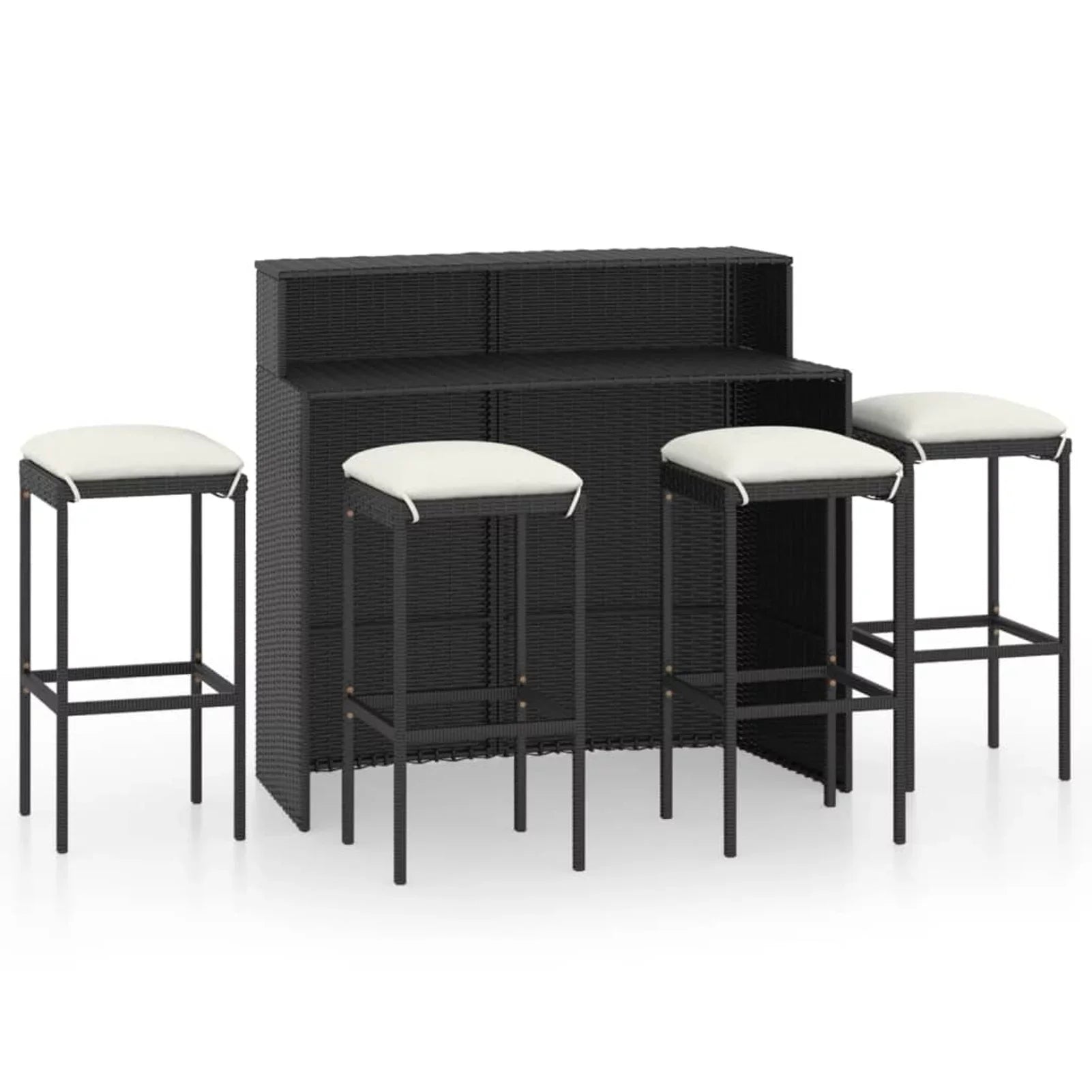 Anself 5 Piece Garden Bar Set Table with Storage Shelf and 4 Cushioned Stool Chairs Outdoor Dining Set Black Poly Rattan for Bistro, Pub, Backyard, Terrace, Patio
