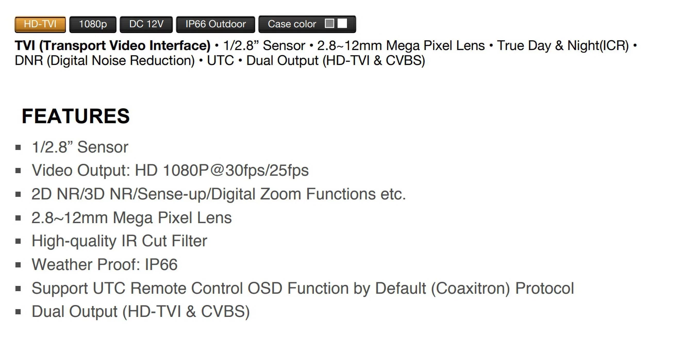 Eyemax -1712V- - 2MP Outdoor Bullet Camera, 2.8-12mm, 72   12V , Sense-up