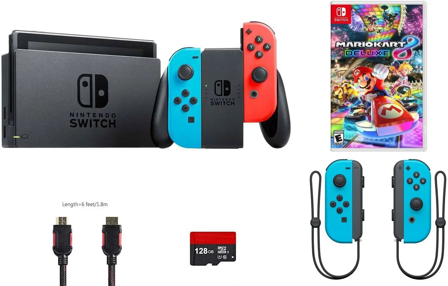 Nintendo Switch 6 items Bundle:Nintendo Switch 32GB Console Neon Red and Blue Joy-con,128GB Micro  Card,Nintendo Wireless Controllers Neon Blue,Mario Kart 8 Deluxe,Mytrix  Cable