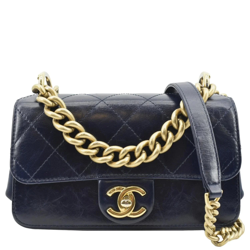 Pre-Owned  Chain Handle  Flap Quilted Leather Shoulder Bag Blue