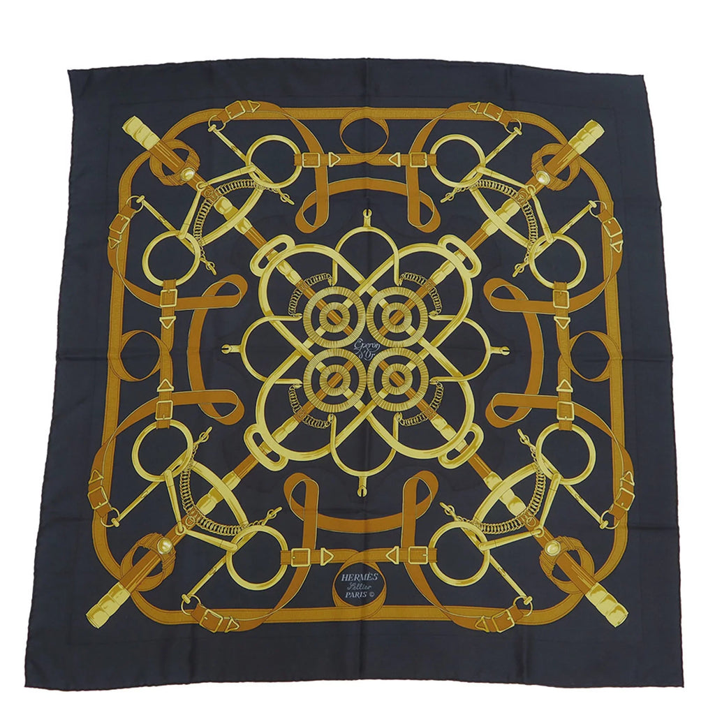 Pre-Owned  Hermes Carre 90 Eperon d'or Golden Spur Pellier Black x Yellow .d'ORiGNY Scarf Muffler (Good)