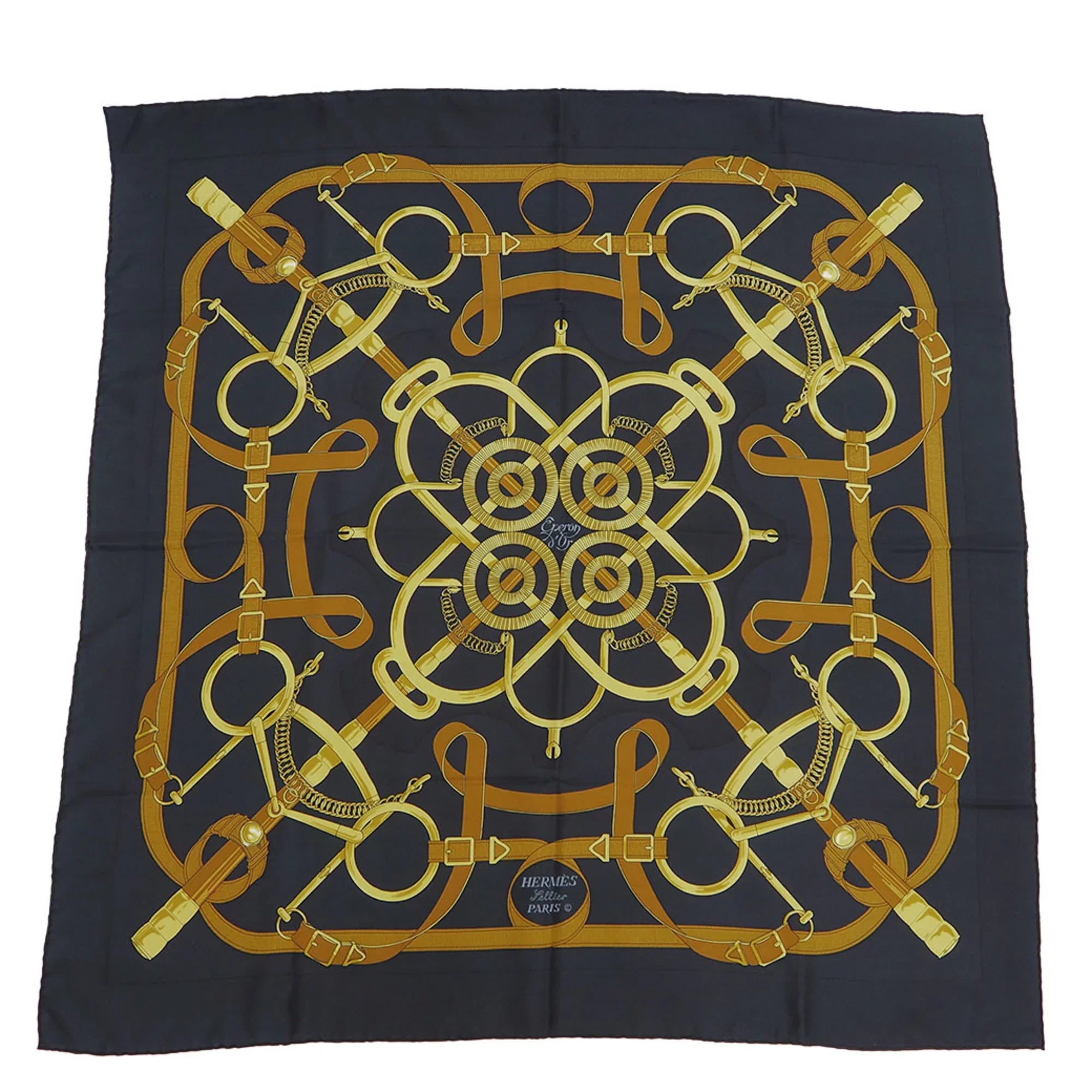 Pre-Owned  Hermes Carre 90 Eperon d'or Golden Spur Pellier Black x Yellow .d'ORiGNY Scarf Muffler (Good)