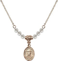 18-Inch Hamilton Gold Plated Necklace with 4mm White April Birth Month Stone Beads and Saint Damien of Molokai Charm