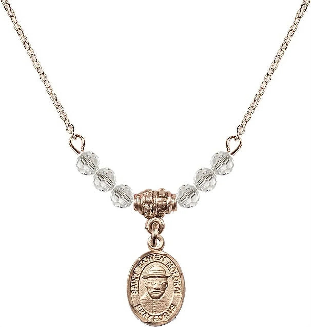 18-Inch Hamilton Gold Plated Necklace with 4mm White April Birth Month Stone Beads and Saint Damien of Molokai Charm