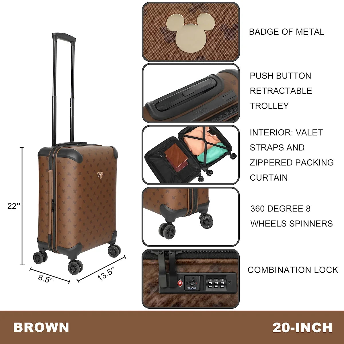 Disney Mickey Mouse Ears 22” Brown Rolling Luggage