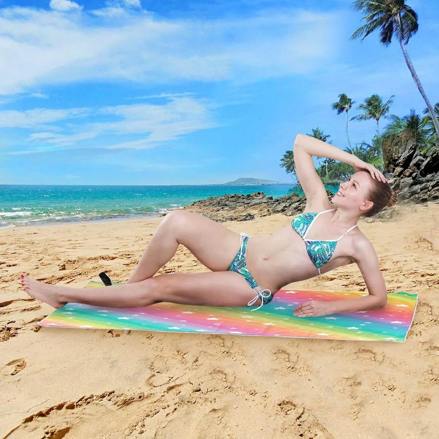 Bestwell Rainbow Star Beach Towel Oversized Towel Blanket, Thin Lightweight Microfiber Sand Free Quick Dry Towel, 30”” Multipurpose Pool Bath Yoga Swim Shower Towel