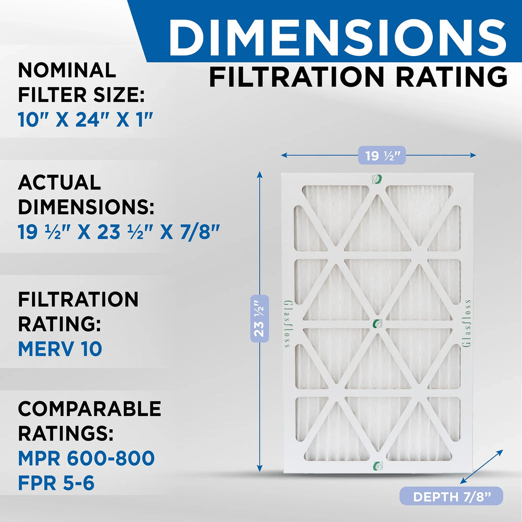 10x24x1  10 Pleated  Air Filters by Glasfloss. ( Quantity 5 ) Exact Size: 9-1/2 x 23-1/2 x 7/8
