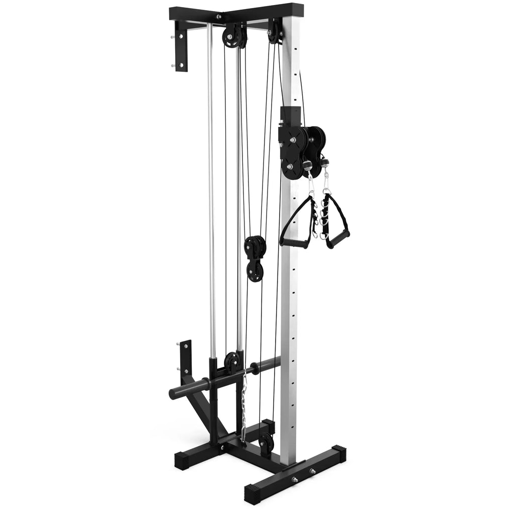Synergee Wall Mounted Adjustable Dual Pulley Machine. Home Cable Attachment Station for Pulley System. For 1” and 2” Opening Weight Plates. Includes 2 Nylon Handles and Universal Attachment Points.