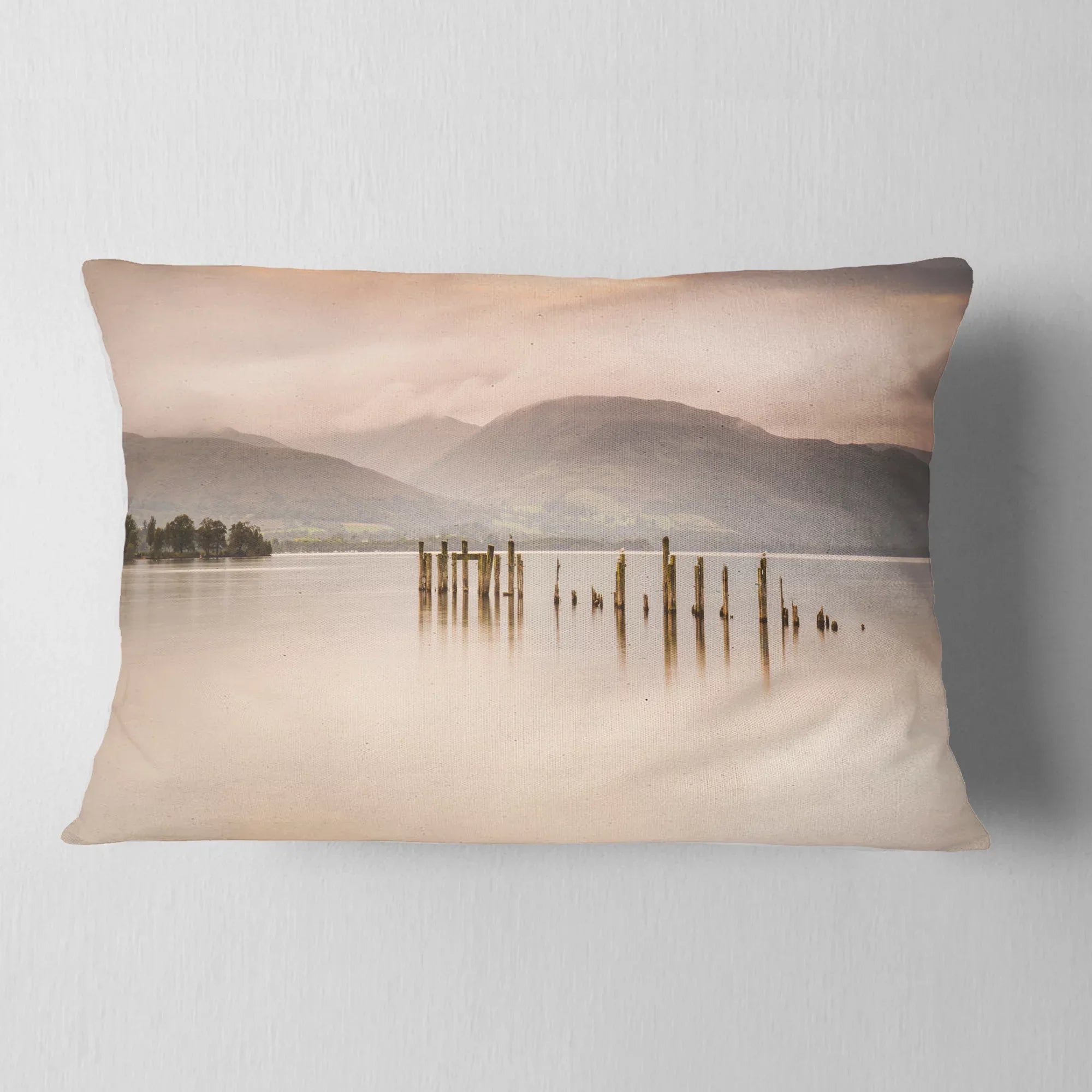Designart Loch Lomond Jetty and Mountains - Landscape Printed Throw Pillow - 12x20