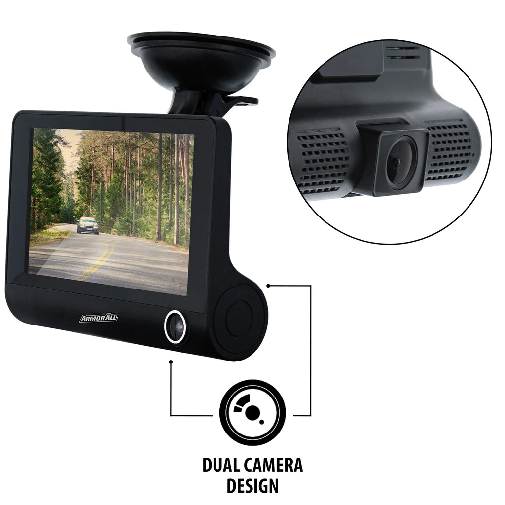 New Armor All Universal 4 inch  1080P  Dual-Lens Dash Camera, -sensor Detects Motion and Accidents, Two Cameras, Micro- Card Slot