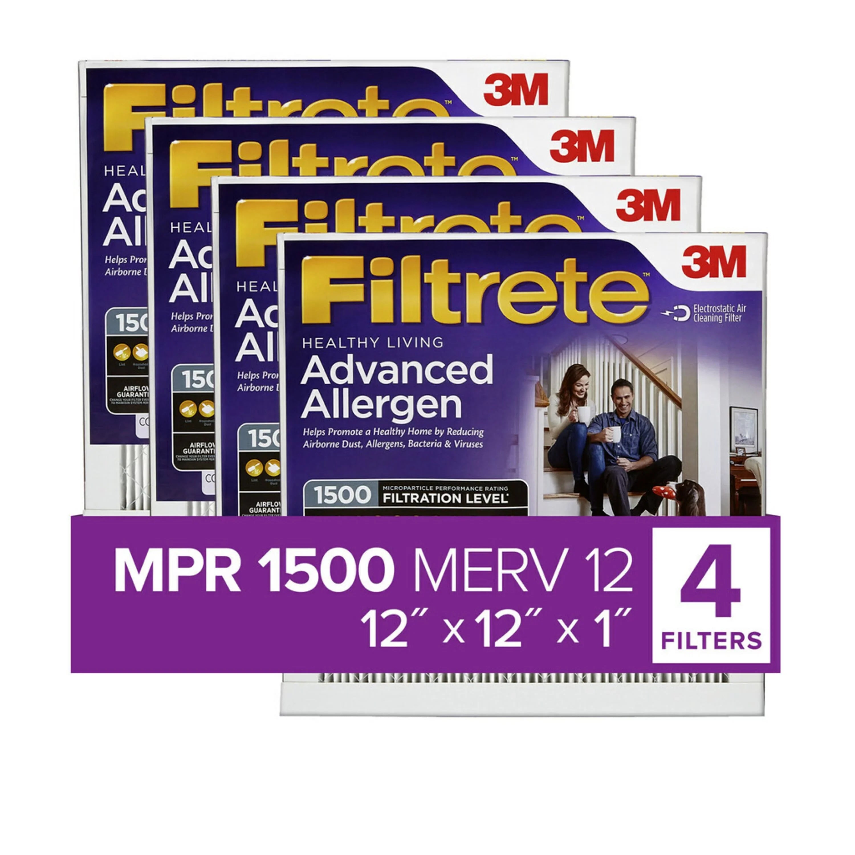 Filtrete 12x12x1 Air Filter,  1500  12, Advanced Allergen Reduction, 4 Filters