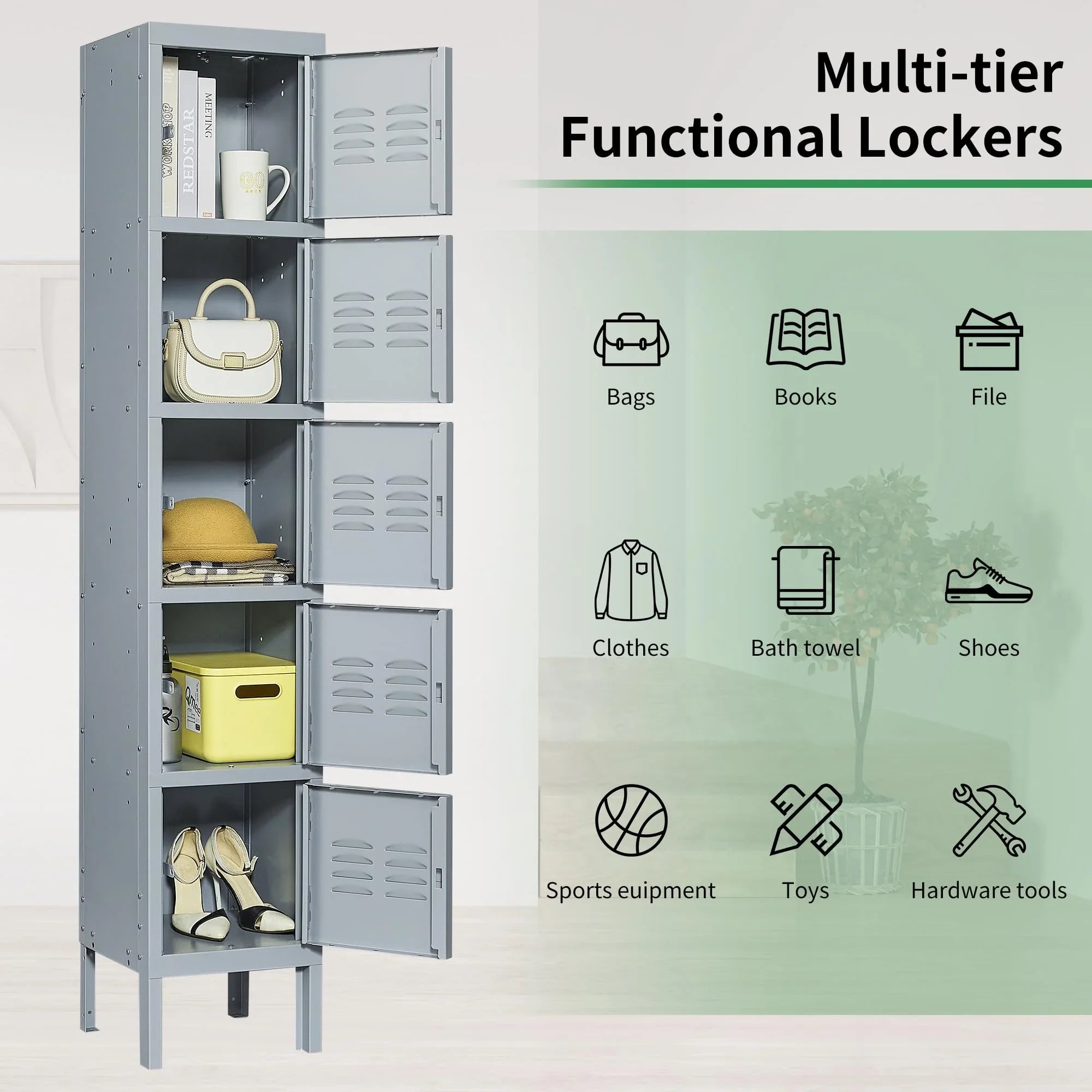66" Metal Storage Cabinet Locker for School, Gym, Home Office, Steel Locker Cabinet With 5 Doors for Employees, Students