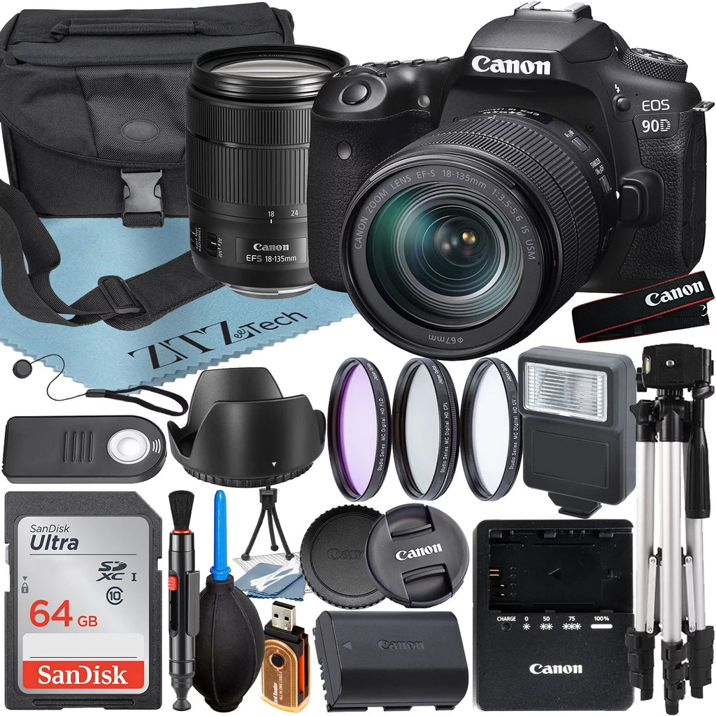 Canon  90D  Camera with 18-135mm   Lens + SanDisk 64GB Card + Case + 3 Pieces Filter + Flash + ZeeTech Accessory Bundle